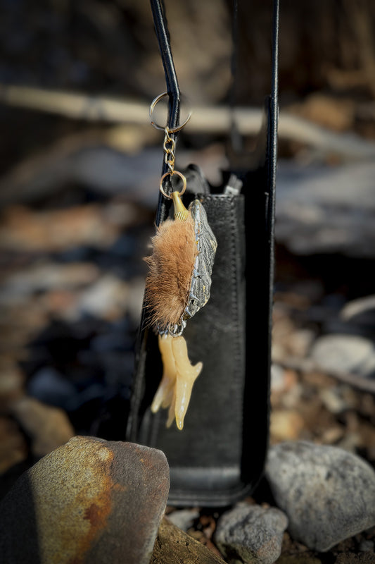 Oyster Seashell Keychain: Real Fur Bag Charm with Hidden Blade