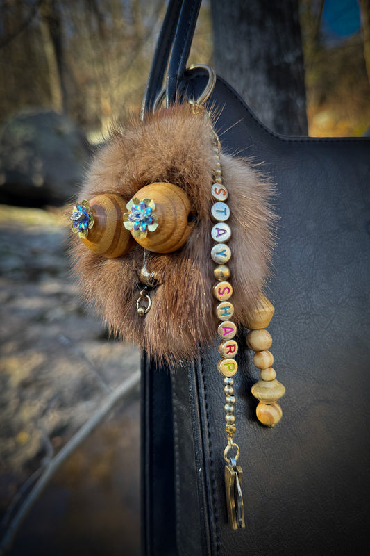 Real Fur Face Bag Charm with Mini Pocketknife