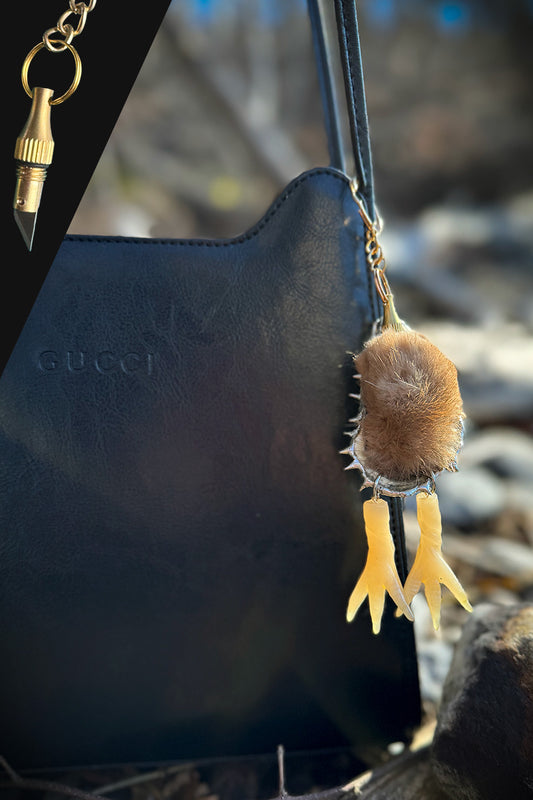 Oyster Seashell Keychain: Real Fur Bag Charm with Hidden Blade