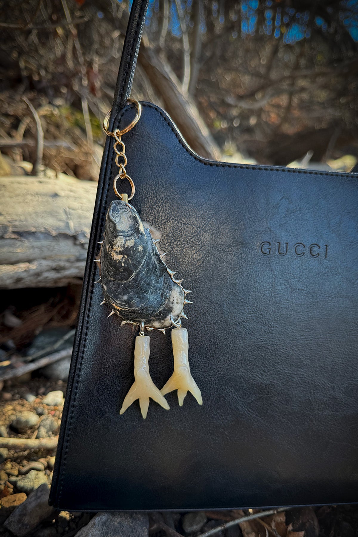 Oyster Seashell Keychain: Real Fur Bag Charm with Hidden Blade