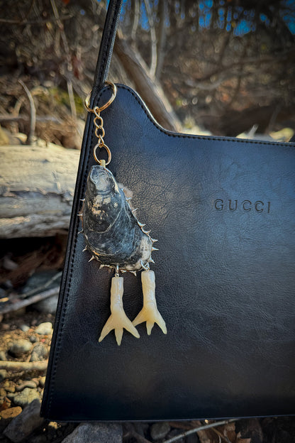 Oyster Seashell Keychain: Real Fur Bag Charm with Hidden Blade