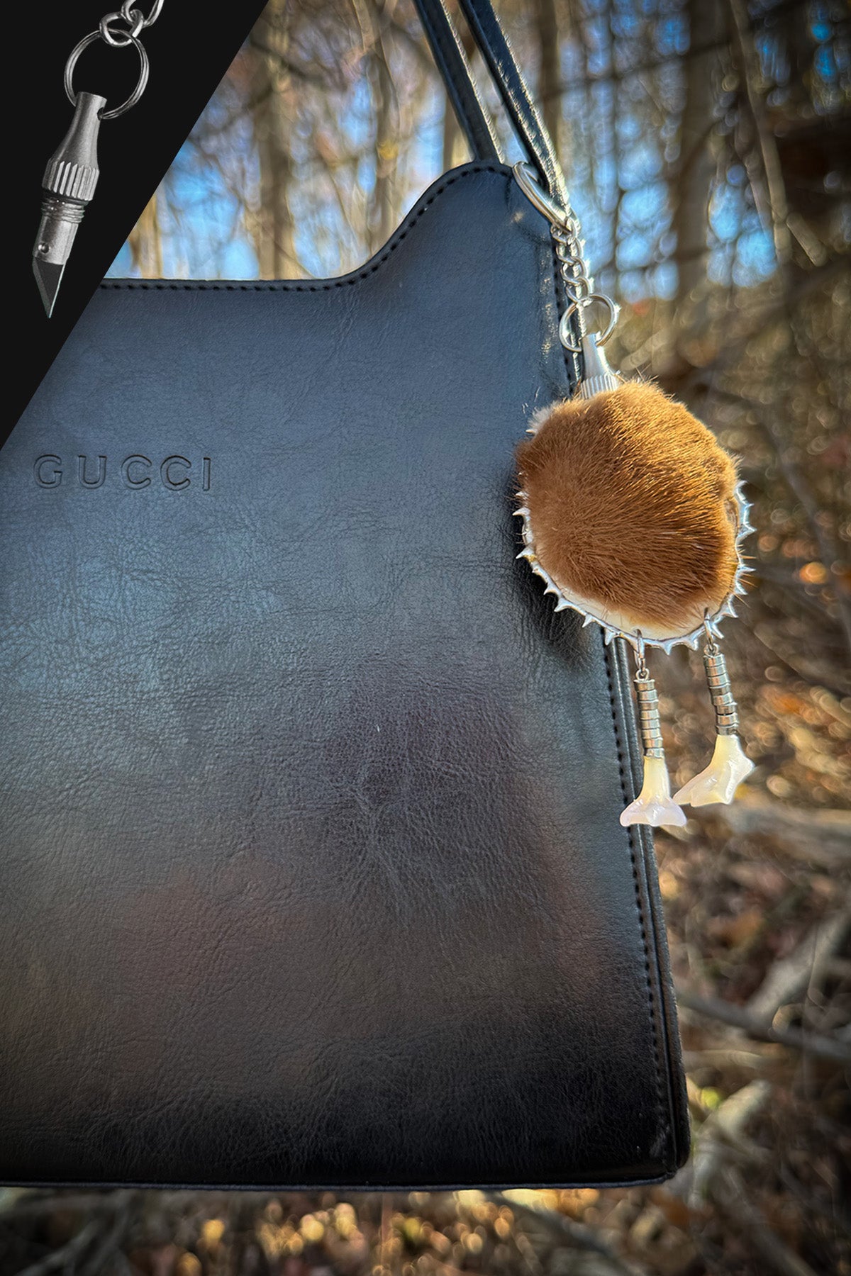 Oyster Seashell Keychain: Real Fur Bag Charm with Hidden Blade