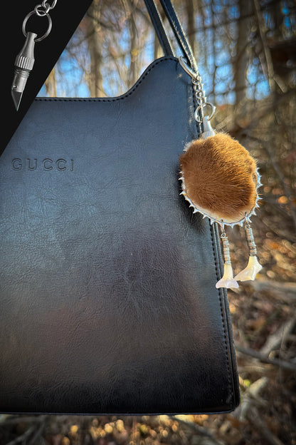 Oyster Seashell Keychain: Real Fur Bag Charm with Hidden Blade