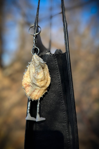 Oyster Seashell Keychain: Real Fur Bag Charm with Hidden Blade