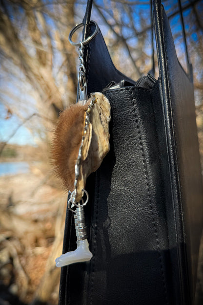 Oyster Seashell Keychain: Real Fur Bag Charm with Hidden Blade