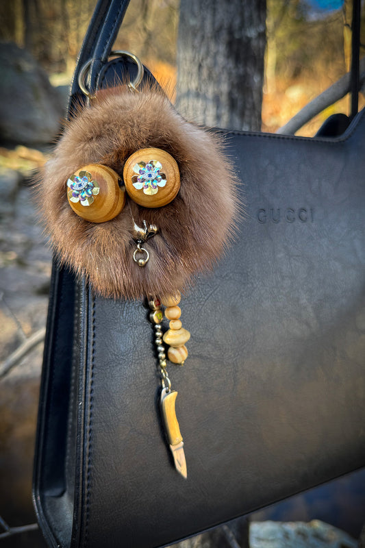 Real Fur Face Bag Charm with Mini Pocketknife