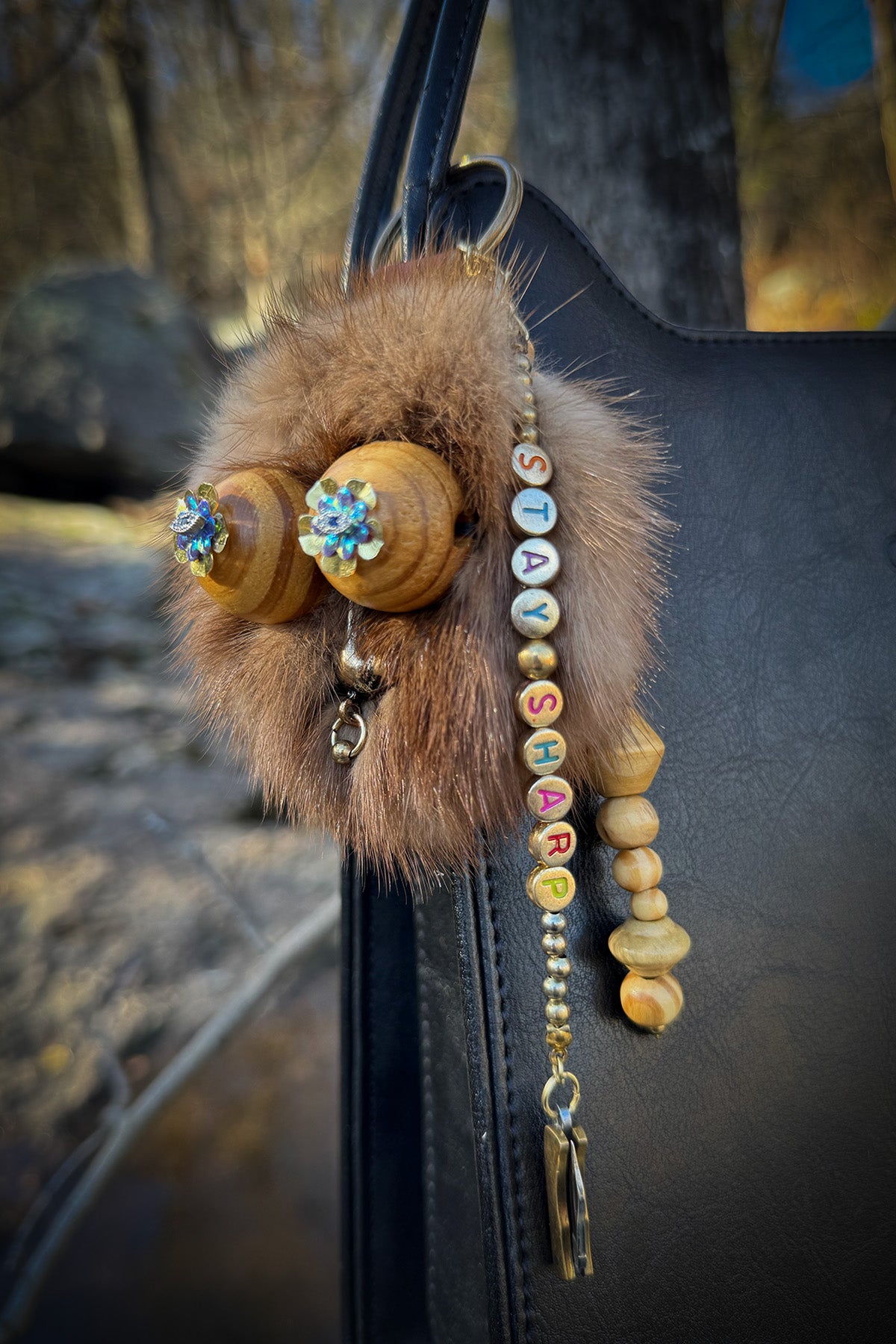 Real Fur Face Bag Charm with Mini Pocketknife