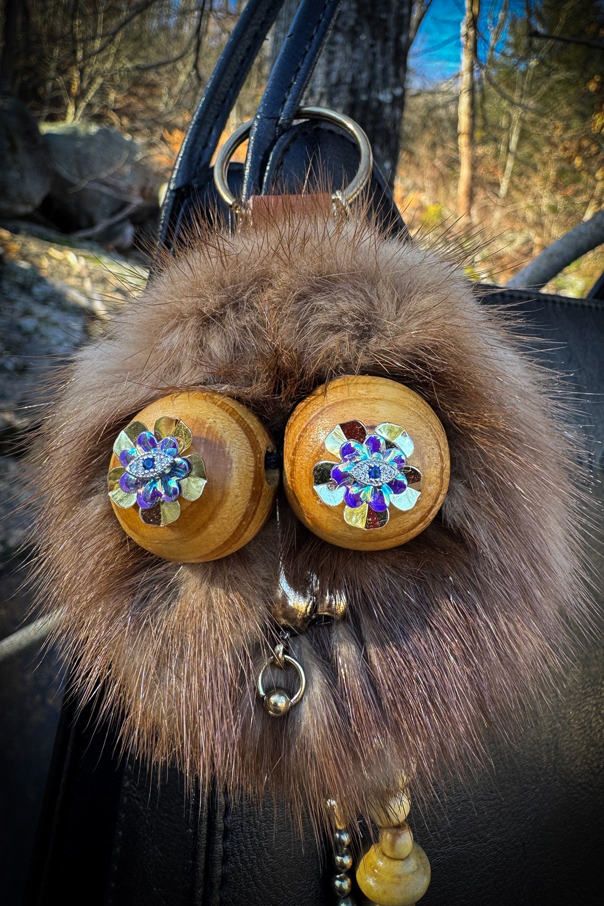 Real Fur Face Bag Charm with Mini Pocketknife