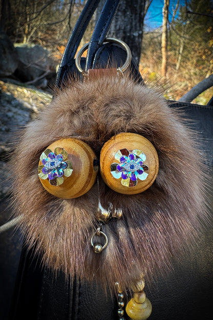 Real Fur Face Bag Charm with Mini Pocketknife