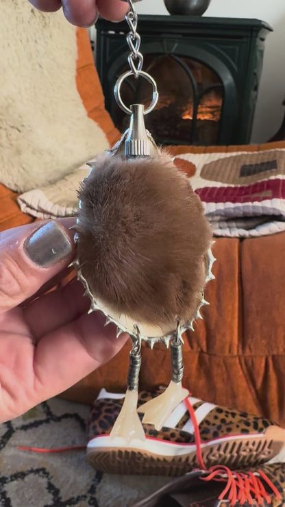 Oyster Seashell Keychain: Real Fur Bag Charm with Hidden Blade