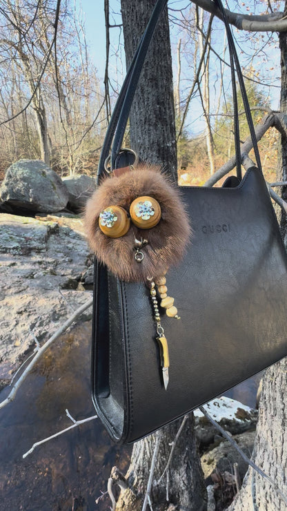 Real Fur Face Bag Charm with Mini Pocketknife